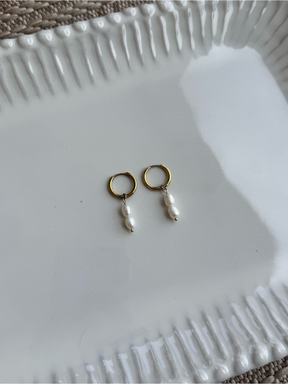 Gold Hoop Earrings with White Freshwater Pearl Drops